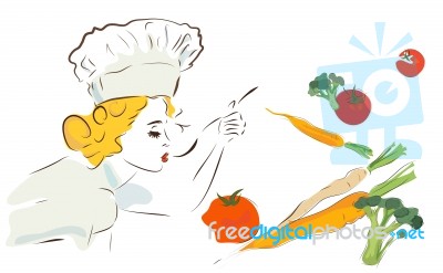 Chef Woman Tasting The Cooked Food Stock Image