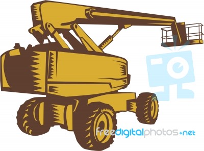 Cherry Picker Mobile Lift Platform Woodcut Stock Image