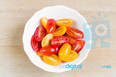 Cherry Tomatoes In White Bowl Stock Photo