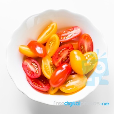 Cherry Tomatoes In White Bowl Stock Photo