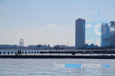 Chicago's Frozen Lake Michigan In January Stock Photo