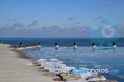 Chicago's Frozen Lake Michigan In January Stock Photo