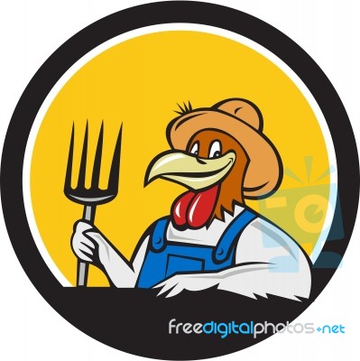 Chicken Farmer Pitchfork Circle Cartoon Stock Image