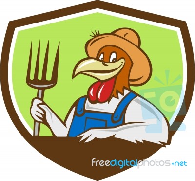 Chicken Farmer Pitchfork Crest Cartoon Stock Image