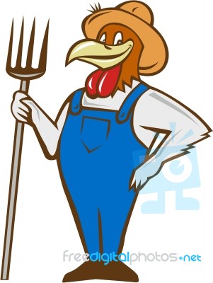 Chicken Farmer Pitchfork Isolated Cartoon Stock Image