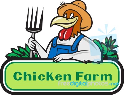 Chicken Farmer Pitchfork Vegetables Cartoon Stock Image