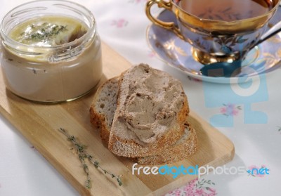 Chicken Liver Pate On Bread And In Jar Stock Photo