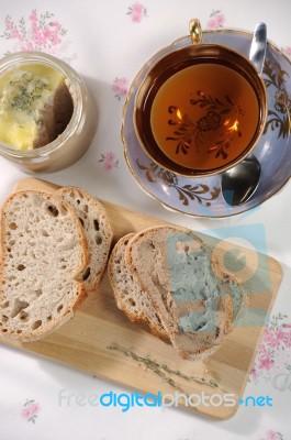 Chicken Liver Pate On Bread And In Jar Stock Photo