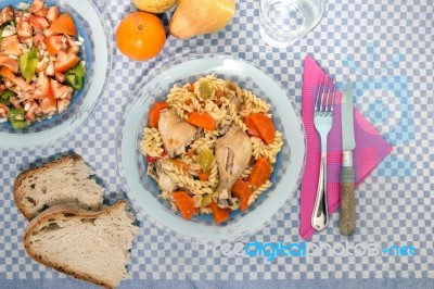 Chicken With Carrot And Spaghetti Stock Photo