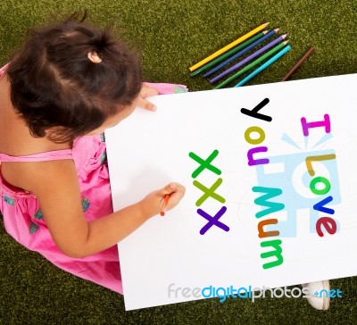 Child With I Love You Mum Message Stock Photo