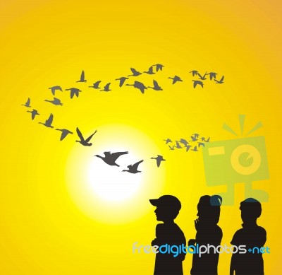 Children And Flying Geese Stock Image