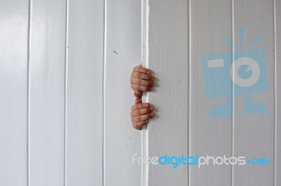 Children Hand Open Wooden Door Stock Photo