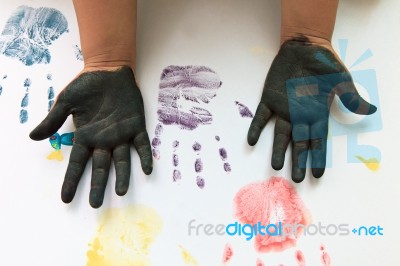 Children Hand Playing Water Color Stock Photo