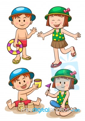 Children Sea Vacation. Girls And Boys Playing On The Beach Stock Image