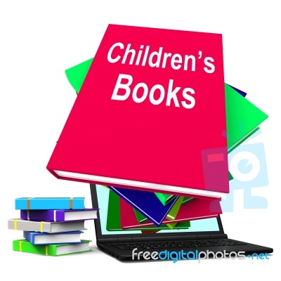 Children's Books Book Stack Laptop Shows Reading For Kids Stock Image