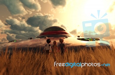 Children's Looking To A Ufo Saucer,3d Illustration Stock Image