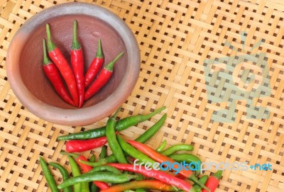 Chili In Mortar On Wooden Textured Stock Photo