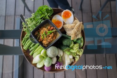 Chili Paste Mixed With Crabmeat , Vegetable , Fried Snake Skin Gourami  And   Boiled Egg  , Crab's Spawn Chili Sauce Stock Photo