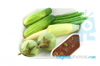 Chili Shrimp Paste And Steam Vegetable On White Background Stock Photo