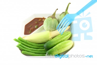 Chili Shrimp Paste And Steamed Vegetables Stock Photo