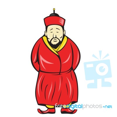 Chinese Asian Man Wearing Robe Cartoon Stock Image