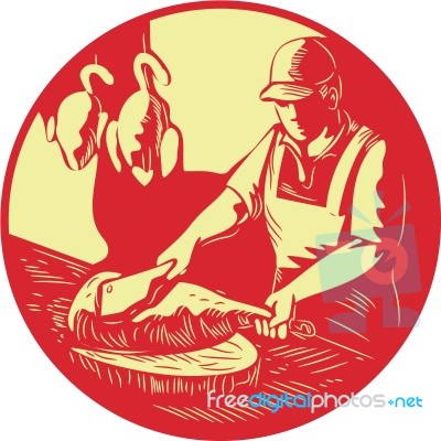 Chinese Cook Chop Meat Oval Circle Woodcut Stock Image