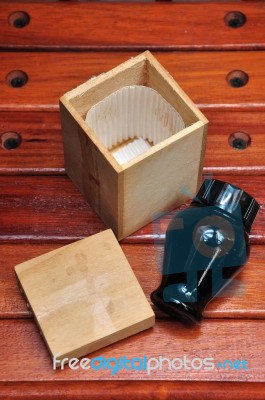 Chinese Herbal Wood Box And Bottle Stock Photo