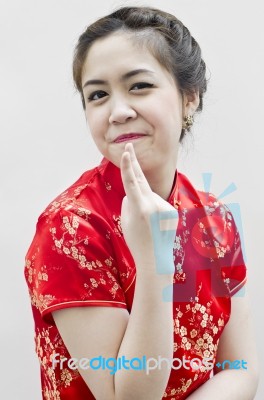 Chinese Lady Gesturing Victory Stock Photo