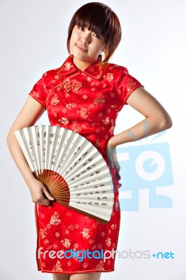 Chinese Model In Traditional Cheongsam Dress Stock Photo