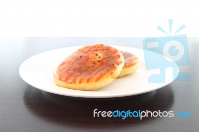 Chinese Moon Cake Wedding Dessert Side Dish On Wooden Table Stock Photo