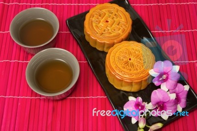 Chinese Moon Cake With Tea Stock Photo