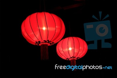 Chinese Red Lanterns In The Night Stock Photo