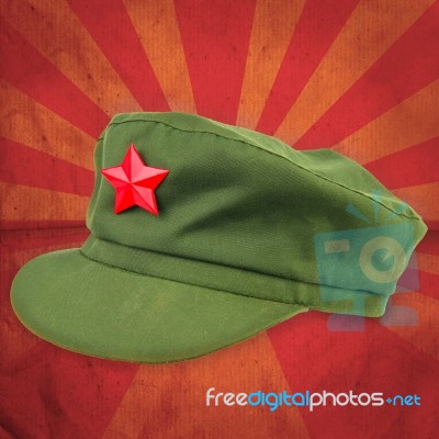 Chinese Red Star Cap With Red Ray Vintage Background Style Stock Photo