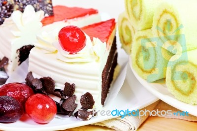 Chocolate Cake With Pandan Cake Roll Stock Photo