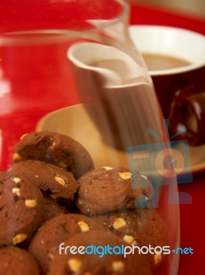 Chocolate Chip Cookies And Coffee Stock Photo