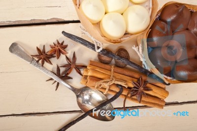 Chocolate Vanilla And Spices Cream Cake Dessert Stock Photo