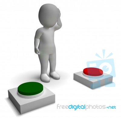 Choice Of Pushing Buttons 3d Character Showing Indecision Stock Image