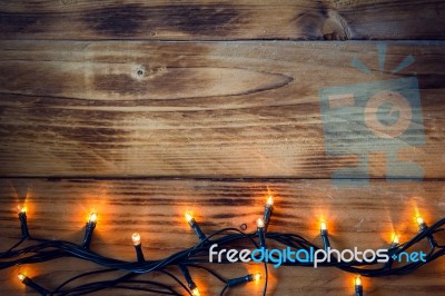 Christmas Background - Vintage Planked Wood With Lights And Text Space Stock Photo