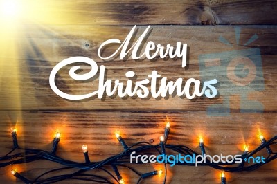 Christmas Background - Vintage Planked Wood With Lights And Text Space Stock Photo