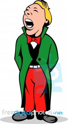 Christmas Caroler Singing In Red Green Suit Stock Image