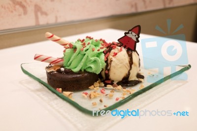 Christmas Chocolate Lava Cake And Ice Cream Stock Photo