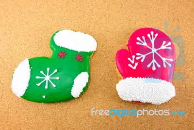 Christmas Cookies; Green Sock And Red Gloves Stock Photo