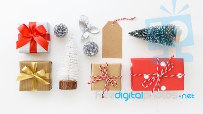 Christmas Decoration And Gift Boxes On White Stock Photo