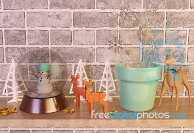 Christmas Decoration Items On The Shelf, Front View Stock Image