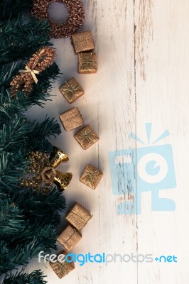 Christmas Decoration On Wooden Floor Background Stock Photo