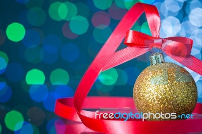 Christmas Decoration With Red Ribbon  And Beautiful Bokeh Stock Photo