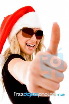 Christmas Female Showing Thumb Up Stock Photo