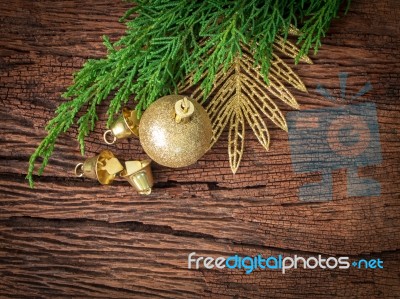 Christmas Fir Tree With Decoration On Dark Wooden Board Stock Photo