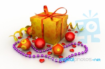 Christmas Gift Box With Shiny Balls Stock Image