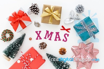 Christmas Gift Boxes And Decorationon White Background Stock Photo